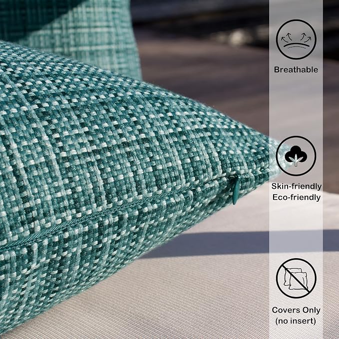 Kevin Textile Outdoor Waterproof 18x18 Inch Pillow Covers 2 Pack, Teal | Water Resistant, Faux Linen Yarn-dyed, Woven Texture Throw Pillow Covers for Tent Patio Garden Couch Sofa
