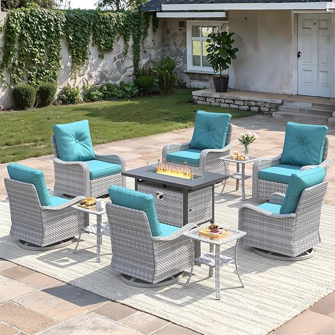 10-Piece Outdoor Conversation Set with 43" Fire Pit Table, 6 Swivel Rocking Chairs (4" Cushions) & 3 Side Tables, All-Weather PE Rattan & Steel Frame for Porch, Deck, Backyard, Turquoise