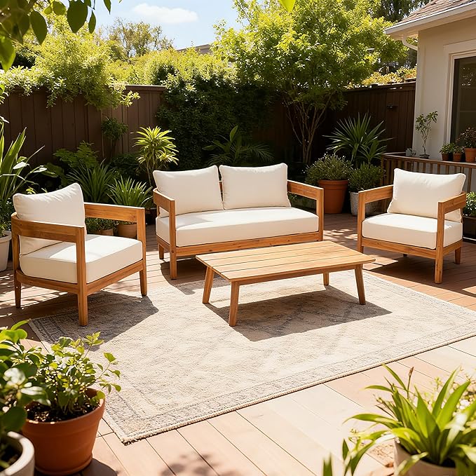 Merax 4pcs Outdoor Acacia Wood Conversation Set with 2 Chais,Loveseat and Coffe Table,with Cushions for Patio,Garden