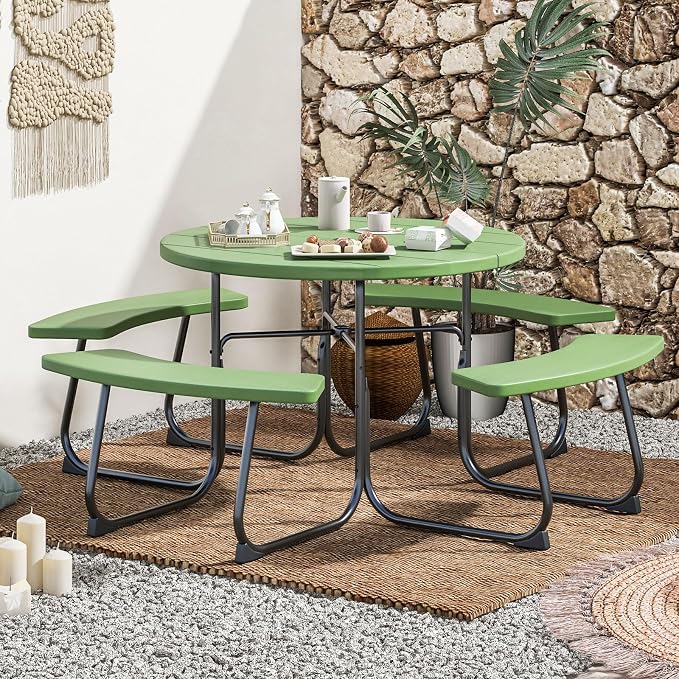 HAPPYGRILL 8-Person Picnic Table Bench Set with Umbrella Hole, 43” Outdoor Dining Table w/4 Benches, Wood-Like Texture Tabletop, Stable U-Shaped Base, Round Table for Backyards, Green