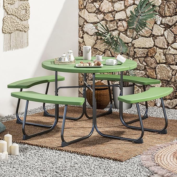 Round Picnic Table for 8 Person, Outside Table Bench Set w/ 4 Built-in Benches, Umbrella Hole, HDPE Top & Metal Frame, 2000LBS Capacity Outdoor Picnic Table for Garden, Porch, Patio (Green)