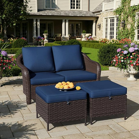 3 Piece Patio Wicker Conversation Set, All-Weather Use Outdoor Wicker Loveseat with 2 PE Rattan Ottomans, Ideal for Porch, Backyard, Balcony, Poolside, Blue