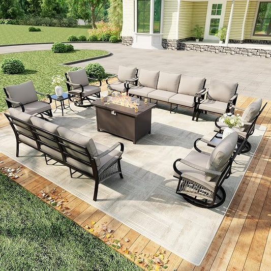 11 Pieces Outdoor Patio Conversation Sets, Outdoor Furniture Set Metal 2 Three-Seater 4 Swivel Rockers with 2 Side Tables 2 Single Chairs with Fire Pit Table for Backyard Deck Porch Poolside, Beige