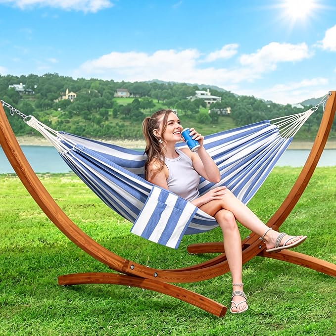 SUNCREAT Hammocks for Outside with Stand, Porch Hammock and Stand, 475 lbs Capacity, Blue & White