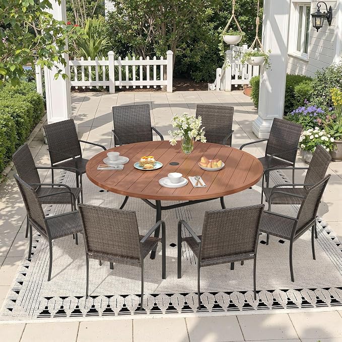 Outdoor Dining Set for 10, 63" Metal Round Outdoor Dining Table with Umbrella Hole and Wicker Stackable Patio Chairs, 11 Pieces Patio Table and Chairs Set for Garden Backyard, Walnut