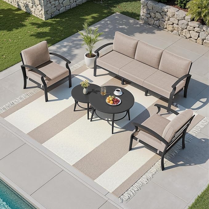 Kullavik Aluminum Patio Furniture Set with 2 Round Coffee Tables,5-seat Metal Outdoor Sectional Furniture w/5.1" Cushions,Patio Conversation Sets for Garden,Backyard,Porch-Sand