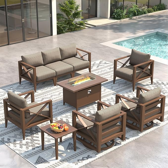 Aluminum 7-Seats Outdoor Patio Furniture Set with 43" Fire Pit Table, Sectional Conversation Sofa with 5.2" Thick Cushions & Swivel Rocking Chairs, Rust-Resistant Frame Sofa for Backyard, Brown