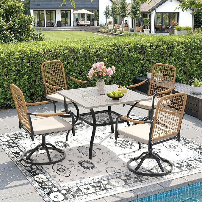 DIFY 5 Pieces Outdoor Dining Set, Metal Patio Table and Chairs Set for 4, 37.8" Square Dining Table with Umbrella Hole & Wicker Swivel Patio Chairs with Cushions, Grey Wood-Like Tabletop