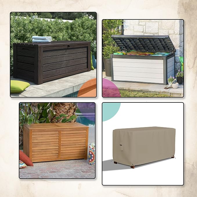 Covers & All Patio Deck Box Cover - Heavy Duty 12 Oz Waterproof Outdoor Yard Cushion Storage Box Protection 100% Weather Resistant with Air Pockets and Drawstring. (44”W X 28”D x 24”H, Beige)