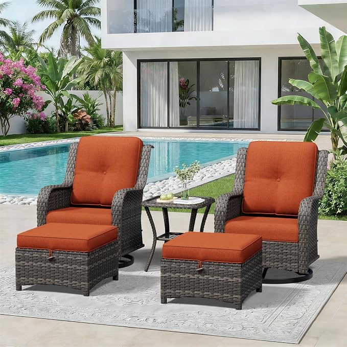 5 Piece Outdoor Wicker Patio Furniture Set, Outdoor Swivel Rocker Patio Chairs Set with Thickened Olefin Cushions, High Back and Deep Seating, Hand-Woven PE Rattan for Porch, Deck