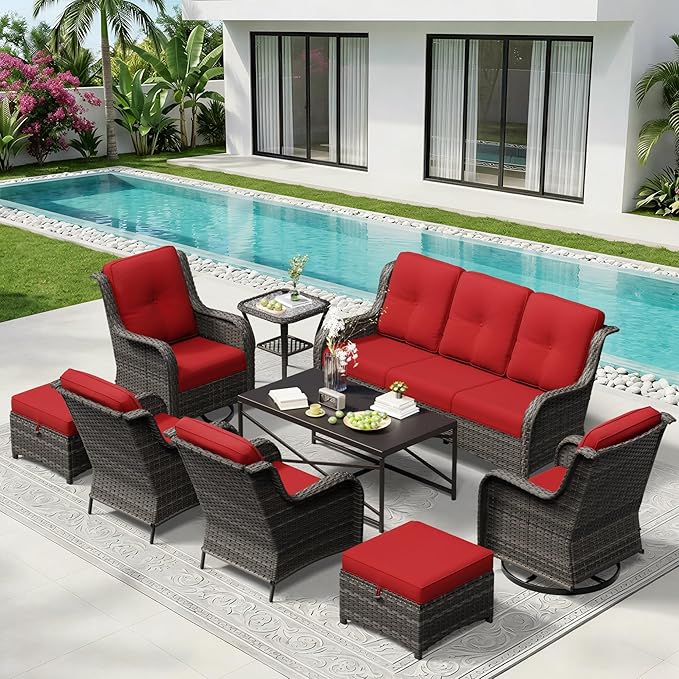 9 Piece Outdoor Wicker Patio Furniture Set, Patio Chairs Set with Thickened Olefin Cushions, High Back and Deep Seating, Hand-Woven PE Rattan, Ottoman for Porch, Deck