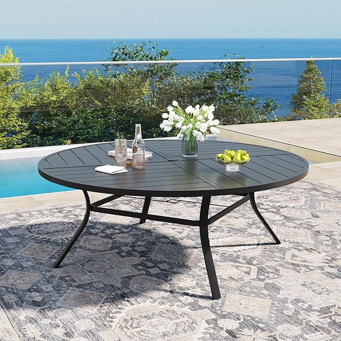DIFY 11 Pieces Outdoor Patio Dining Set for 10, 63" Black Round Metal Patio Table and 10 Grey Stackable Textilene Patio Chairs, Outdoor Table and Chairs for Backyard Garden Poolside