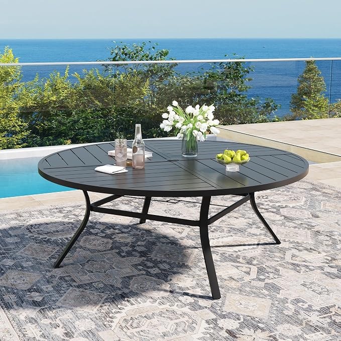 DIFY 11 Pieces Outdoor Dining Set, Metal Patio Table and Chairs Set for 10 with Umbrella Hole, 63" Round Dining Table and Textilene Stackable Patio Chairs for Garden Backyard Poolside, Black