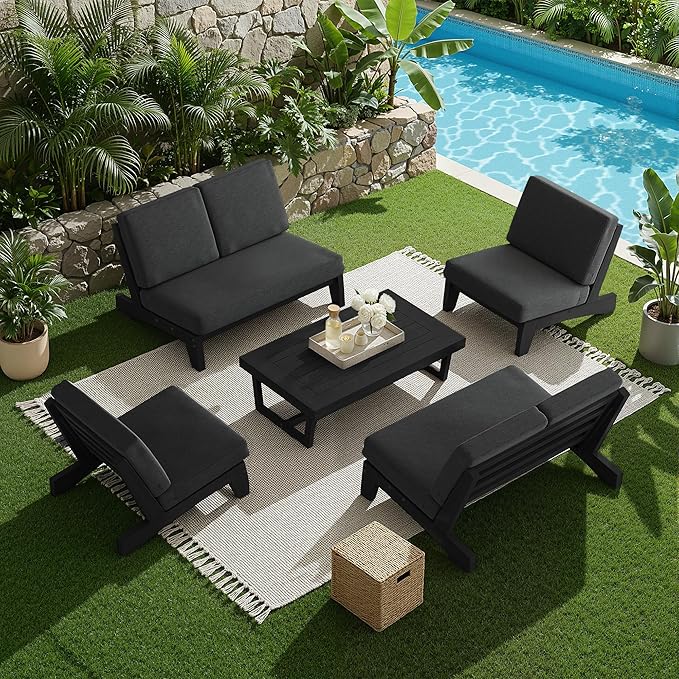 UIXE 7 Pieces All Weather Black Wood Patio Furniture Sets, 2 Patio Loveseat, 4 Patio Bistro Chair, Outdoor Sectional Sofa Furniture Backyard Conversation Set with Coffee Table - Dark Gray
