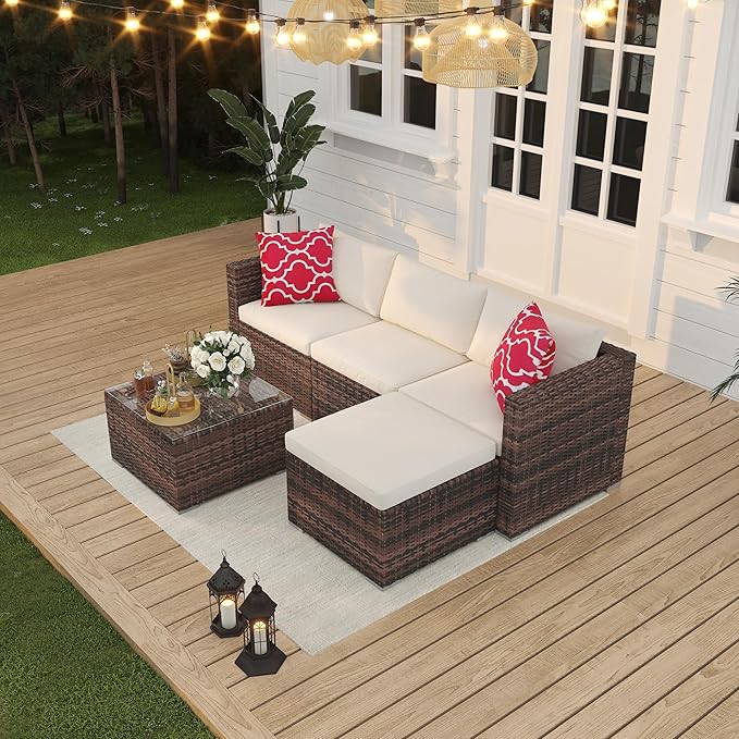 5 Pieces Patio Furniture Set, All-Weather Wicker Sectional Sofa With Anti-Slip Cushions, Rattan Outdoor Patio Furniture Sofa Set With Glass Coffee Table and Ottoman for Balcony, Porch, Garden, Brown