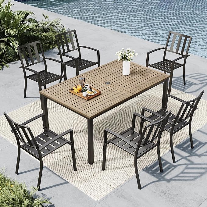 MFSTUDIO Outdoor Dining Set for 6, Patio Dining Set with Umbrella Hole, 7 Piece Metal Patio Table and Chairs Set for Deck Backyard Poolside Garden
