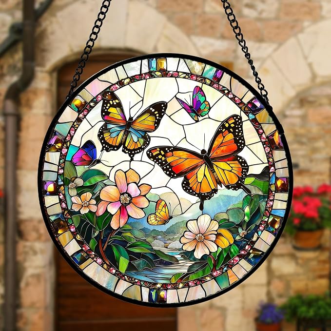 DASTOLL Stained Glass Window Hanging, Butterflies Flying in the Sky Suncatcher for Doors Home Sun Catchers Decoration and Christmas, Mother's Day Birthday Gifts for Women, Men, and Mom 7.8 in