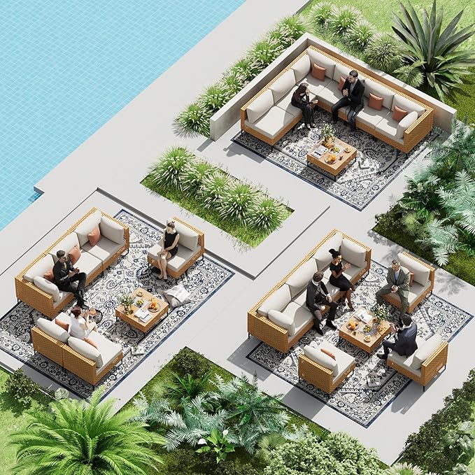 Patio Furniture Set 7 Piece Large Outdoor Sectional Free Combination Outdoor Furniture with Thick Cushion All Weather Wicker Boho Patio Conversation Sets for Porch, Deck