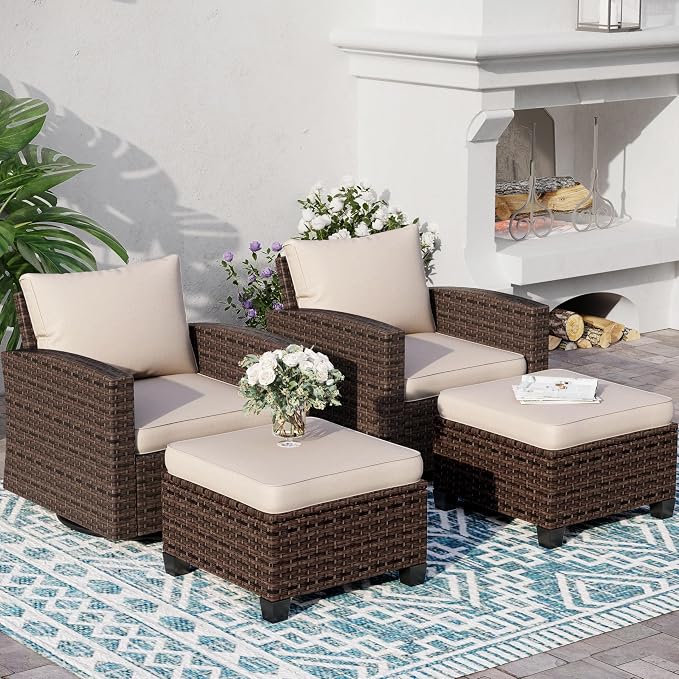 SUNSHINE VALLEY 4-Piece Patio Furniture Set with Swivel Chairs, Rattan Wicker Outdoor Furniture with 2 Swivel Glider Chairs and 2 Ottomans, Outdoor Lounge for Small Patio, All-Weather Design, Beige