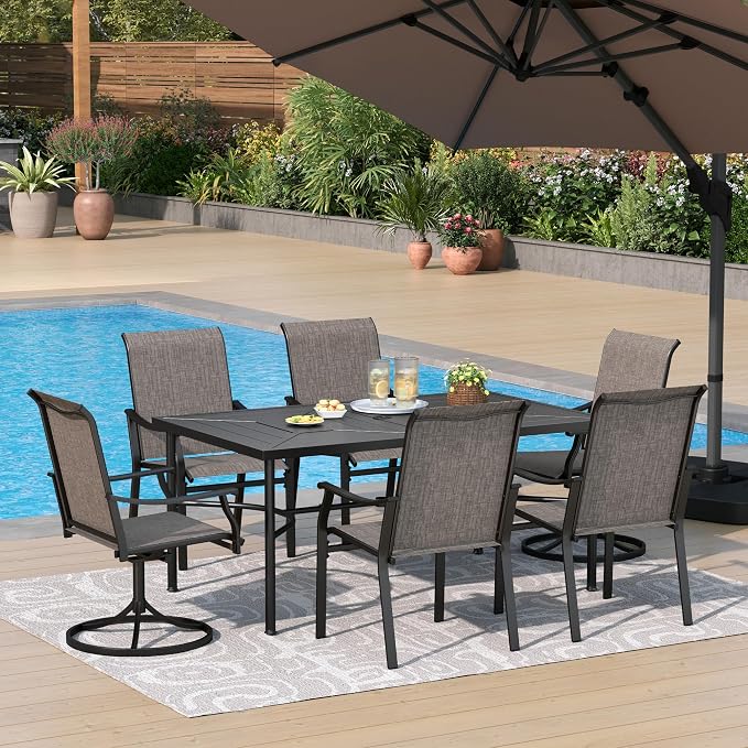 PHI VILLA 7 pcs Outdoor Dining Set,2 Swivel & 4 Stable Outdoor Dining Chairs and Metal Dining Table,Sling Fabric and Durable Frame,Outdoor Table and Chairs for Garden