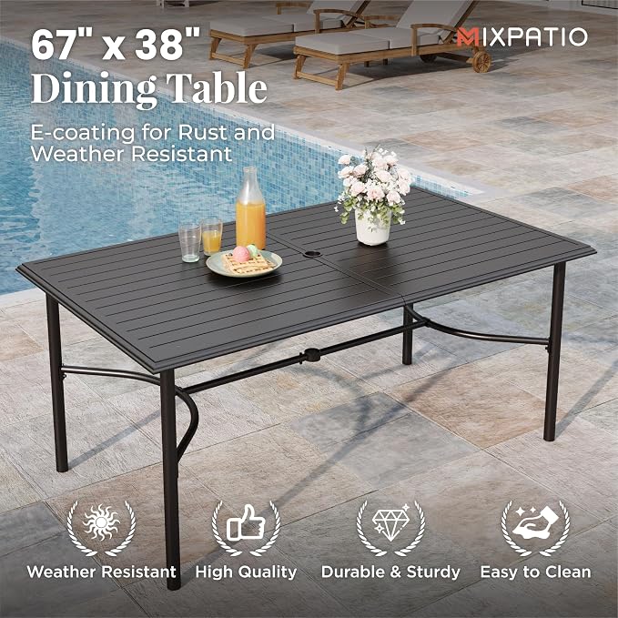 MIXPATIO 7-Piece Outdoor Dining Set 6 Brown Textilene Chairs and Steel Rectangle Table with 1.97” Umbrella Hole for Deck Garden Backyard Lawn Poolside
