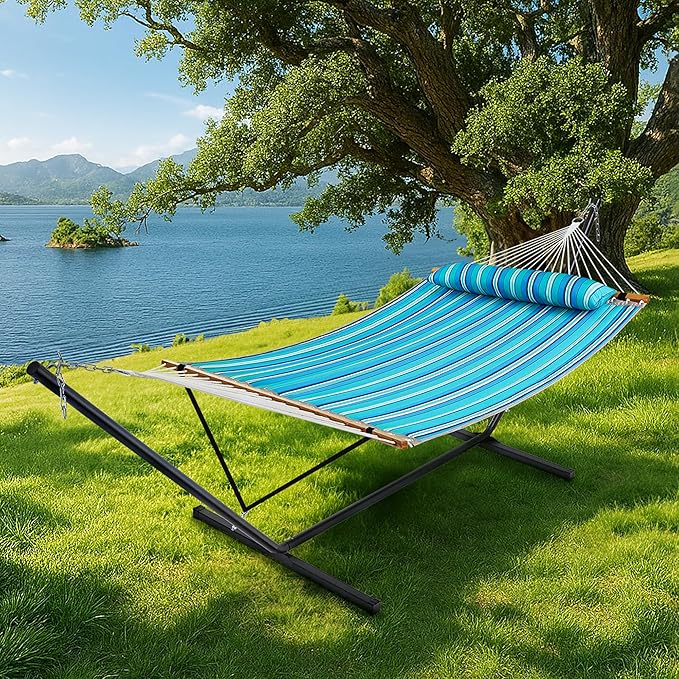 SUPERJARE Hammock with Stand, 2 Person Quilted Outdoor Hammock, Detachable Pillow & Bamboo Spreaders, Portable Hammock with Carrying Bag, Heavy Duty Stand, Perfect for Outside, Patio, Aqua Blue
