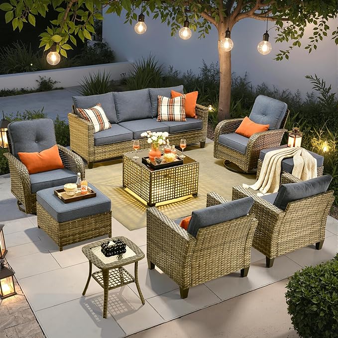 ovios 9 Pieces Patio Furniture Set, Outdoor Wicker Sofa Couch with Rocking Swivel Chairs Solar Lights Table, Modern Deep Seat Rattan Conversation Sets for Deck Porch, Denim Blue