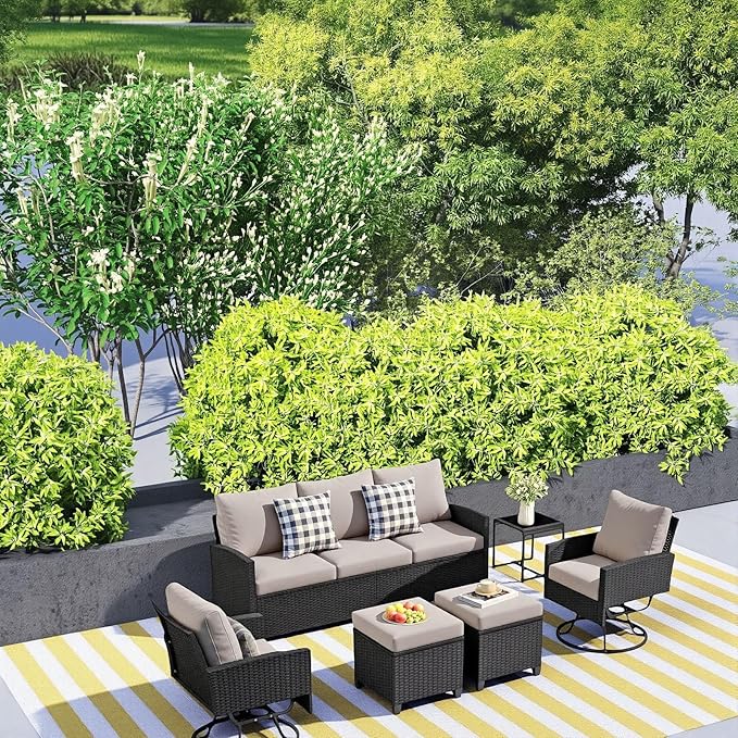 6 Piece Outdoor Furniture Set, Rattan Patio Furniture with 2 Swivel Chairs, 3-Seat Sofa, 2 Ottoman & Side Table, All-Weather Conversation Set for Porch Garden Lawn Balcony (Black & Gray)