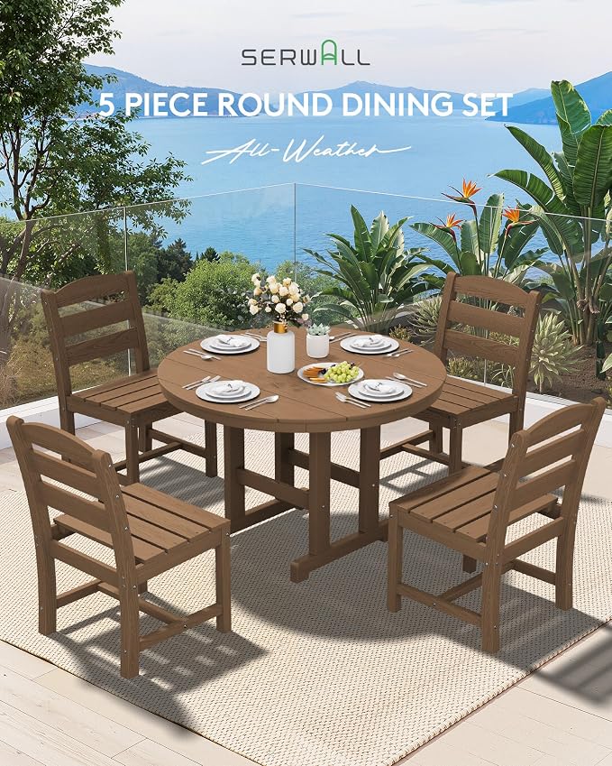 SERWALL 6-Piece Patio Dining Sets, HDPE Outdoor Table and Chairs Furniture Set with Umbrella, 45" Round Dining Table & 4 Armless Dining Chairs & 1 9FT Umbrella, Brown(Not Include Umbrella Base)