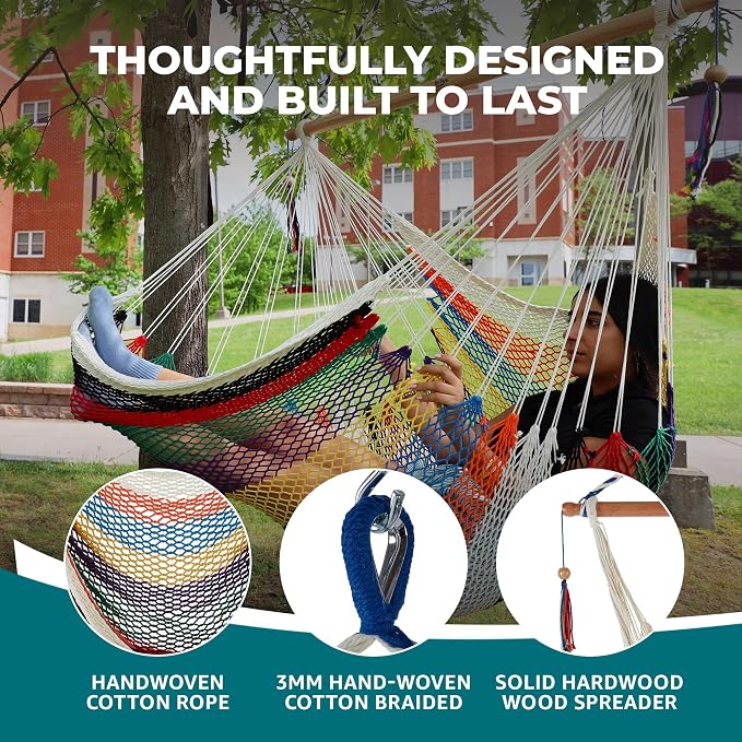 Bliss Hammocks BHC-412 Island Rope Hammock Chair, Eco Friendly & Hand-Woven Recycled Cotton, Varnish Coated 40 Inch Wood Spreader Bar, Easy to Hang w/Included Hanging Kit, Supports up to 265 pounds