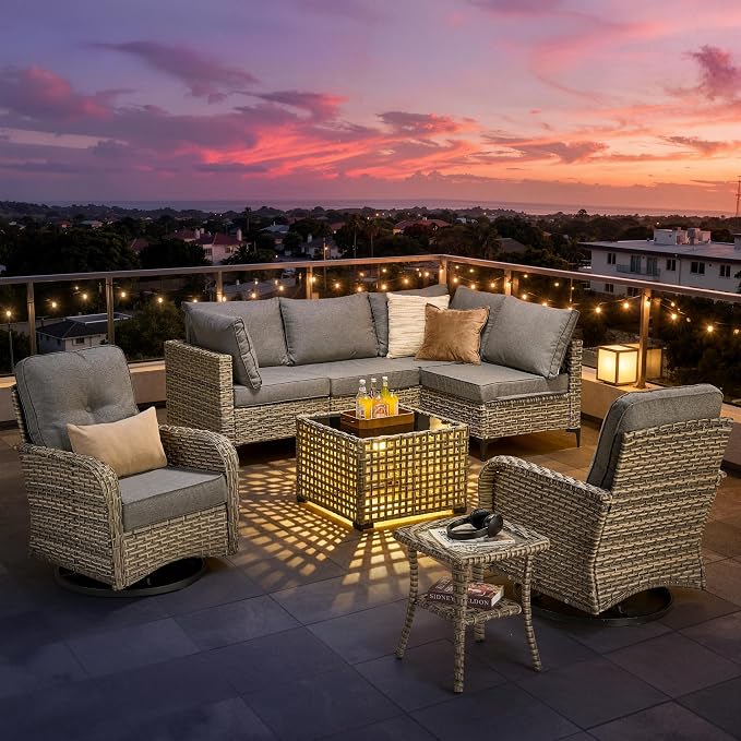 8 Pieces Patio Furniture Set, Outdoor Conversation Set with 360° Swivel Rocker Chairs, Wicker Sectional Sofa & Solar Powered Lighted Table, High Back Outdoor Furniture for Backyard Porch, Dark Gray