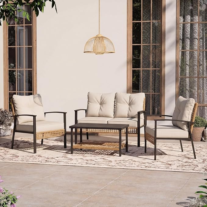LAUSAINT HOME 4 Pieces Wicker Patio Conversation Set, Oversized Outdoor Furniture with Soft Cushions & 2 Tier Storage Coffee Table - for Backyard, Garden, Patio (Beige)