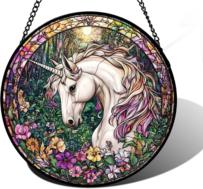 DASTOLL Stained Glass Window Hanging, Unicorn Flowers Suncatcher for Doors Home Sun Catchers Decoration and Christmas, Mother's Day Birthday Gifts for Women, Men, and Mom 11.8x11.8 in