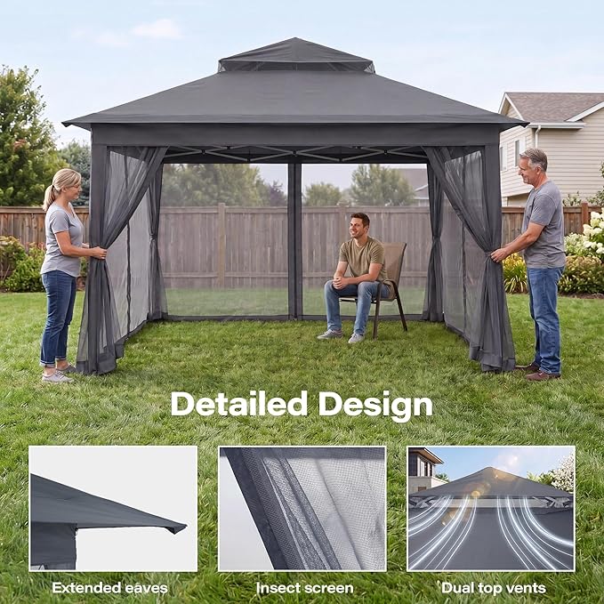 LAUSAINT HOME 11x11 Pop Up Gazebo Canopy Tent with Mosquito Netting, Instant One-Push Setup, Adjustable Height Outdoor Canopy Shelter with Carry Bag for Patio, Backyard, Camping, Parties & BBQs, Gray