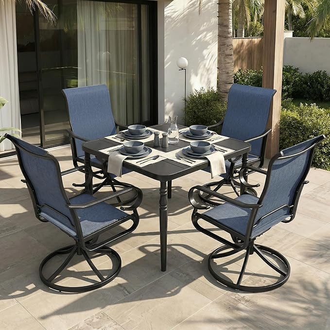 NUU GARDEN Outdoor Dining Set with Umbrella Hole, 5-Piece Patio Furniture Set with Slatted Table and 4 Breathable Textilene Swivel Chairs, All-Weather Patio Dining Set, Blue