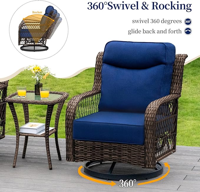 PIZZELLO 7 Piece Patio Furniture Set with 60" Propane Firepit Table, 4Pcs Outdoor Swivel Rocker Chairs with 2 Side Tables and Aluminum Gas Fire Table
