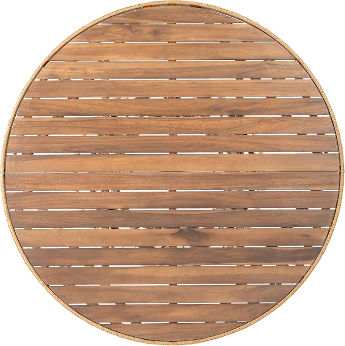 IRONORA Natural Acacia Wood Top Round Patio Dining Table, Woven Rattan Hourglass Base Outdoor Bistro Table, 4-6 Person Wooden Slatted Top Table for Backyard Balcony Garden Coastal Decor