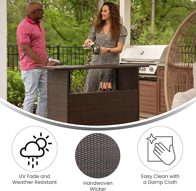 BizChair Indoor/Outdoor Patio Wicker Rattan Bar Counter Table with 2 Shelves, Brown