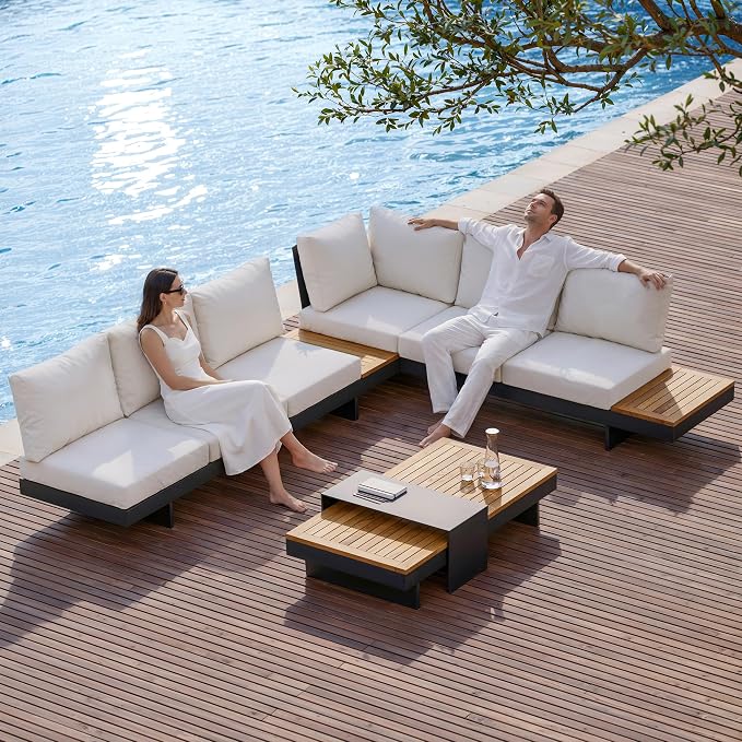 homary 6 Piece Aluminum & Teak Outdoor Sofa Set, Patio Sofa Seat L-Shaped Outdoor Sectional Sofa Set with Adjustable Backrests, Waterproof, Fade Resistant Cushions Ideal for Patios & Balconies,Beige