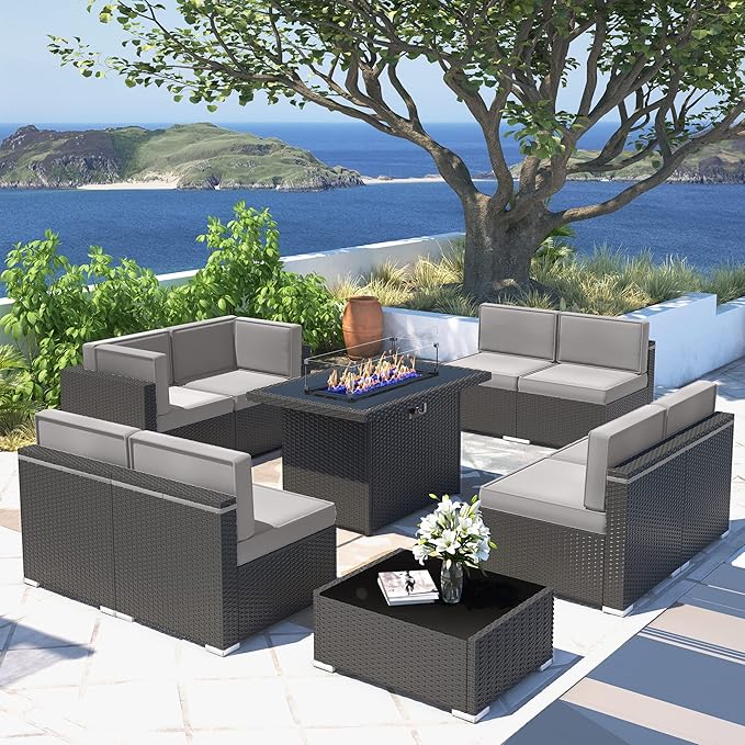 10 Pieces Patio Furniture Set with 44" Propane Gas Fire Pit Table, Outdoor Sectional Wicker Conversation Sofa Sets with Coffee Table