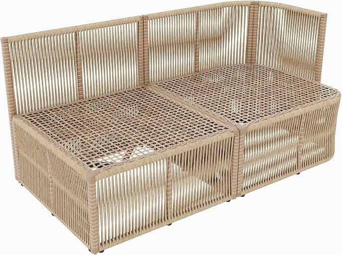 Merax 4-Piece Patio Furniture Set, L-Shaped Outdoor Wicker Modular Sectional Sofa with Thick Cushions and Glass Top Coffee Table, Rattan Patio Conversation Set for Backyard, Garden and Poolside, Beige