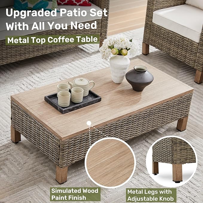 Sectional Sofa with Metal Top Coffee Table, 6 Pieces Conversation Set Reinforced Wicker Rattan Outdoor Furniture for Garden, Patio, Poolside, Porch PE Rattan Sofa (Red)