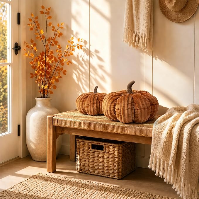 AELS Pumpkin Throw Pillows Set of 2, 14" & 10" Cinnamon Fall Pillows | for Couch Sofa Bed Living Room Home Decor, Farmhouse 3D Fall Halloween Thanksgiving Decorative Accent Pillows