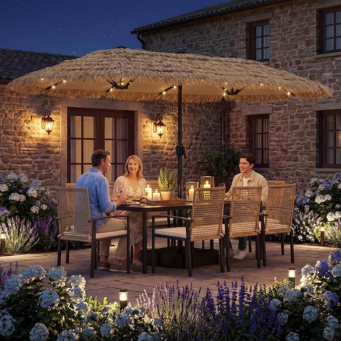 15ft Double-Sided Patio Umbrella with Solar Lights and Base Included, Large Patio Umbrella with 48 LED Dual-Color Lights, 135 Sq Ft Shade Area Patio Table Umbrella for Pool, Outddor, Deck (Tiki Hawaii)