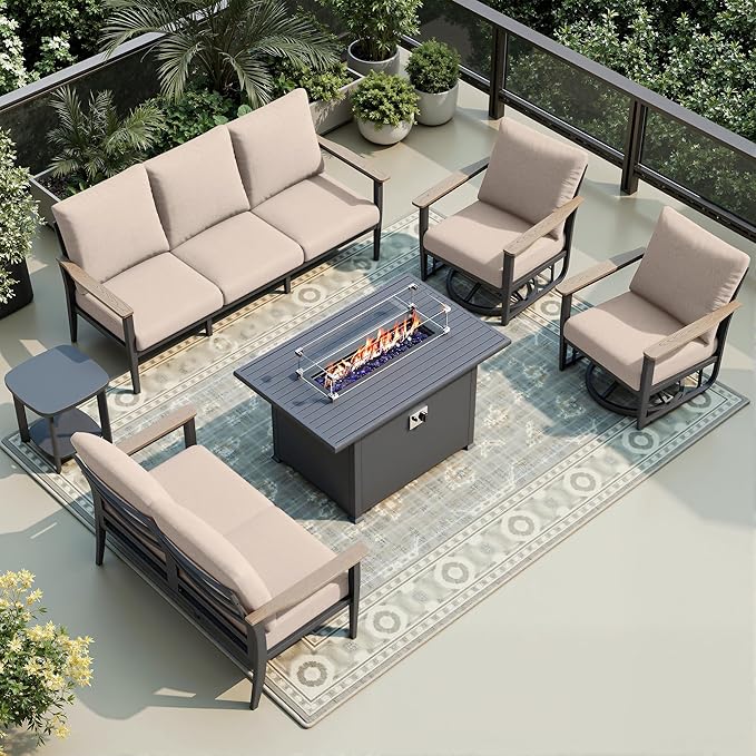 7-Seat Outdoor Patio Furniture Set with Rocking Swivel Chair, Aluminum Sectional Sofa Patio Conversation Set with 55,000 BTU Fire Pit Table & High Backrest & Thickened Cushions, Sand