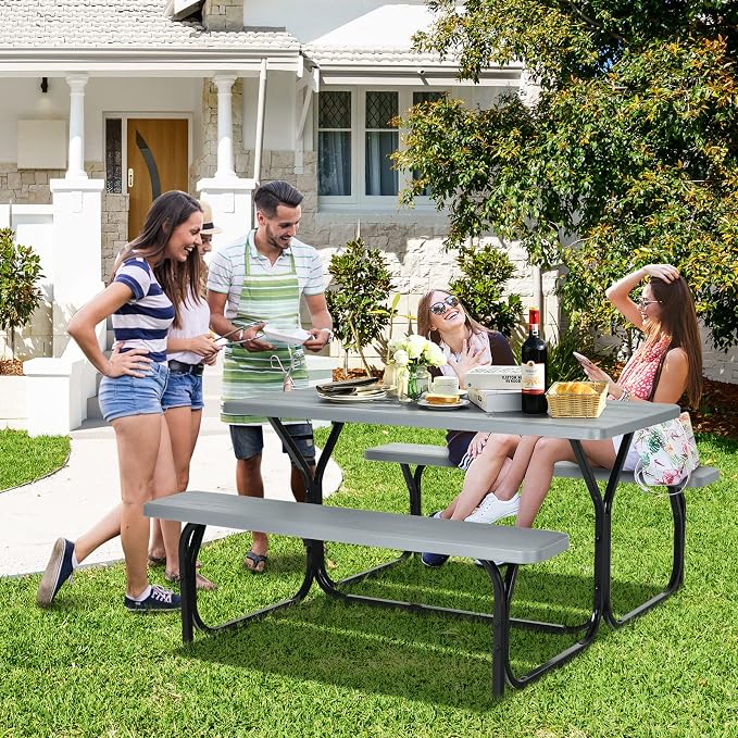 ORALNER Picnic Table, Resin Dining Table & 2 Benches Set, Weather Resistant Wood Grain Plastic Tabletop & Steel Frame, Picnic Tables for Outdoors, Porch Yard Patio Lawn Party Camping (Grey)