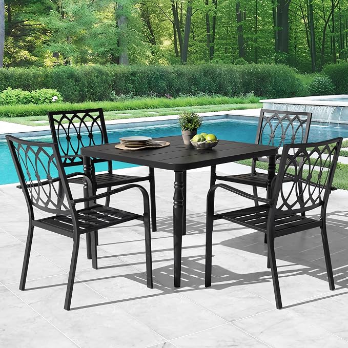 NUU GARDEN 5 Piece Outdoor Dining Set, 4 Slatted Stackable Chairs and 37 Inch Square Metal Table with Umbrella Hole, All-Weather Powder-Coated Iron for Garden, Patio, Backyard, Deck, Black
