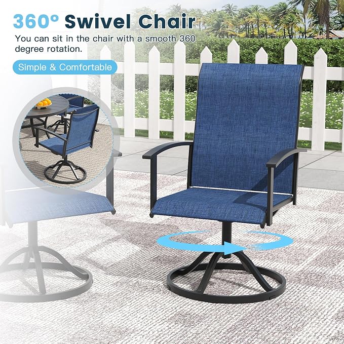 5 Pieces Outdoor Patio Dining Set, 40.6" All Weather Round Metal Table with Umbrella Hole and Storage Shelf, 4 High Back Textilene Swivel Chairs for Garden, Lawn, Black Table & Blue Chairs