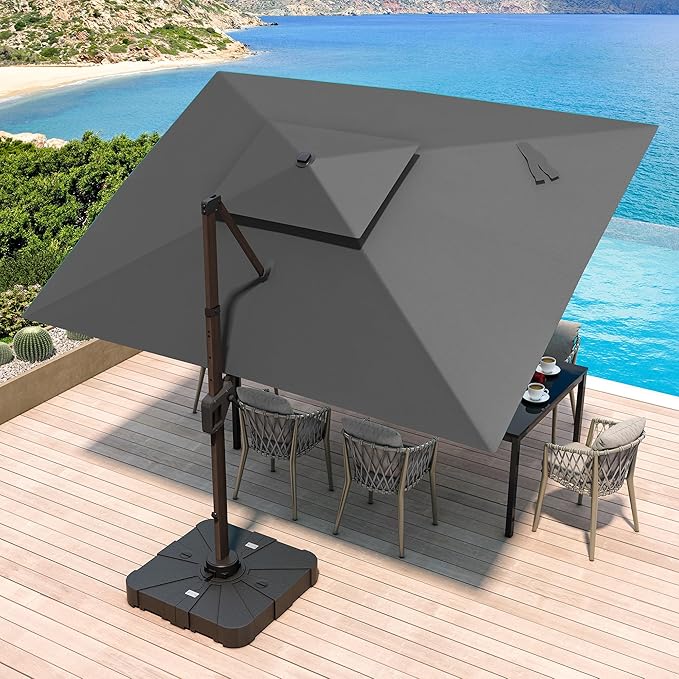 JZAC & QZYD 10X13 FT Outdoor Cantilever Patio Umbrella with LED Lights, Large Heavy Duty 2-Tier Aluminum Offset Umbrellas with 360-Degree Rotation for Pool Deck, Grey