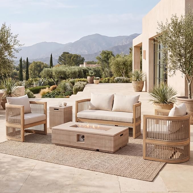 Christopher Knight Home Eden 5 Piece Patio Furniture Set with MGO Fire Pit+Tank Holder, 4-Seater Outdoor Acacia Wood Conversation Set with Cushions and Rectangular Fire Table,Light Teak+Beige+Natural
